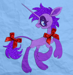 Size: 1280x1313 | Tagged: safe, artist:webkinzworldz, derpibooru import, pony, unicorn, background pony, bow, leonine tail, purple stuff, solo, tail