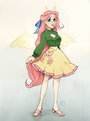 Size: 1700x2300 | Tagged: safe, artist:kavli-kaffel, derpibooru import, fluttershy, human, boob window, bow, breasts, clothes, eared humanization, female, hair bow, humanized, sandals, signature, simple background, skirt, smiling, solo, spread wings, sweater, winged humanization, wings