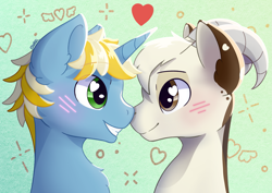 Size: 2829x2007 | Tagged: safe, artist:backgroundpony#f352, derpibooru import, oc, oc only, oc:hazel bloons, oc:sunny dawn, goat, pony, unicorn, abstract background, blushing, commission, cute, duo, duo male, eyes open, gay, gradient background, heart, heart eyes, horn, horns, male, nose to nose, signature, smiling, stallion, wingding eyes