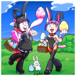 Size: 1280x1280 | Tagged: safe, artist:jisito, derpibooru import, oc, oc:arwencuack, oc:laura, anthro, cat, pegasus, rabbit, :3, animal, animal costume, bunny costume, bunny ears, bunny suit, clothes, costume, dress, easter, easter bunny, easter egg, happy, holiday, latex, looking at you, smiling, smiling at you