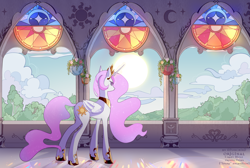 Size: 6100x4100 | Tagged: safe, artist:0ponchik0, derpibooru import, princess celestia, alicorn, pony, butt, castle of the royal pony sisters, ethereal mane, ethereal tail, female, flower, mare, pink-mane celestia, plot, signature, solo, stained glass window, sun, tail, younger