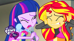 Size: 739x415 | Tagged: safe, derpibooru import, screencap, sunset shimmer, twilight sparkle, equestria girls, microphone