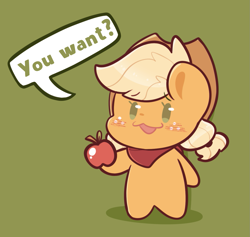 Size: 1255x1188 | Tagged: safe, artist:typhwosion, derpibooru import, applejack, earth pony, pony, apple, bandana, bronybait, chibi, cute, food, jackabetes, solo, text