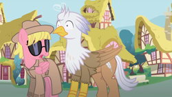 Size: 1280x721 | Tagged: safe, artist:mlp-silver-quill, derpibooru import, oc, oc:silver quill, oc:sweetie bloom, pony, after the fact, after the fact:slice of life, clothes, fedora, hat, ponyville, sunglasses, trenchcoat