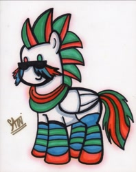 Size: 1439x1817 | Tagged: safe, artist:starr, derpibooru import, oc, pegasus, pony, clothes, male, marker drawing, socks, solo, striped socks, sunglasses, traditional art