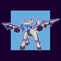 Size: 1080x1080 | Tagged: artist needed, source needed, safe, derpibooru import, oc, original species, plane pony, pony, jet hoof, male, minigun, plane, purple accents, rocket, solo, visor, weapon