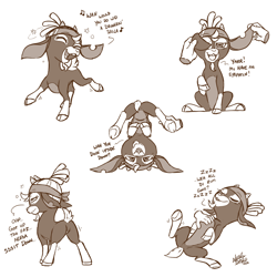 Size: 1500x1500 | Tagged: safe, artist:nekostar, derpibooru import, shanty goat, goat, them's fightin' herds, 2023, butt, community related, cute, drunk, female, hand, lying down, monochrome, on back, open mouth, pirates of the caribbean, plot, shantabetes, signature, simple background, upside down, white background