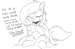 Size: 1471x959 | Tagged: safe, artist:lockheart, derpibooru import, oc, oc only, oc:lockie, earth pony, pony, blanket, dialogue, eyes closed, female, grayscale, mare, monochrome, mug, simple background, sitting, sketch, solo, text, white background