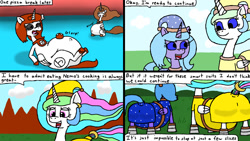 Size: 1280x720 | Tagged: safe, derpibooru import, princess celestia, princess luna, alicorn, pony, comic:first three back, belly, butt, clothes, comic, costume, digital art, fat, female, plot, royal sisters, siblings, sisters, stuffed, stuffed belly, video game