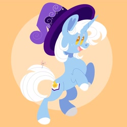 Size: 4000x4000 | Tagged: safe, artist:fizzlefer, derpibooru import, oc, oc only, oc:clever cantrip, pony, unicorn, beady eyes, facial hair, goatee, hat, male, open mouth, open smile, orange background, rearing, simple background, smiling, solo, stallion, wizard hat