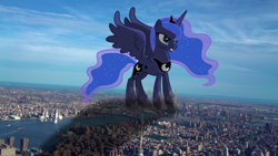 Size: 852x480 | Tagged: artist needed, safe, artist:chapto, derpibooru import, princess luna, alicorn, pony, crown, destruction, dust, female, giant ponies in real life, giant pony, giantess, highrise ponies, irl, jewelry, macro, macro/micro, mare, micro, photo, ponies in real life, regalia, shadow, smiling, solo, solo female