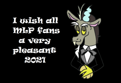 Size: 1316x900 | Tagged: safe, artist:msponies, derpibooru import, discord, draconequus, 2021, black background, bowtie, button-up shirt, clothes, dress shirt, hands together, horns, i wish all lesbians a very pleasant evening, lidded eyes, looking at you, male, meme, ms paint, ribbon bow tie, shirt, simple background, smiling, solo, suit, tuxedo
