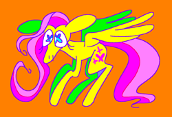 Size: 1316x900 | Tagged: safe, artist:msponies, derpibooru import, fluttershy, pegasus, pony, g4, female, mare, ms paint, orange background, simple background, solo, spread wings, tail, unusual pupils, wings