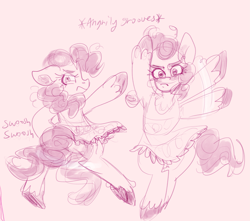 Size: 3303x2926 | Tagged: safe, artist:mimiporcellini, derpibooru import, pinkie pie, earth pony, pony, angry, clothes, dancing, doodle, female, frown, mare, monochrome, solo, tutu