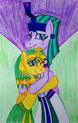 Size: 2222x3502 | Tagged: safe, artist:bsw421, derpibooru import, oc, oc:ankhesenamun, pegasus, pony, brother and sister, clothes, couples, ear piercing, earring, egyptian, egyptian headdress, egyptian pony, eyeliner, eyeshadow, female, hedju-hor, hug, huggies, jewelry, loincloth, makeup, male, mare, necklace, piercing, siblings, skirt, stallion