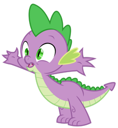 Size: 860x929 | Tagged: safe, artist:reginault, derpibooru import, spike, amazed, arms in the air, bipedal, cute, cute little fangs, fangs, green eyes, male, simple background, solo, surprised, transparent background, vector