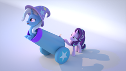 Size: 1920x1080 | Tagged: safe, artist:spreadwing454, derpibooru import, starlight glimmer, trixie, pony, unicorn, 3d, blender, cannon, duo, duo female, female, mare