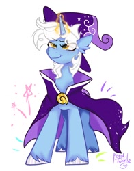 Size: 1074x1368 | Tagged: safe, artist:petaltwinkle, derpibooru import, oc, oc only, oc:clever cantrip, pony, unicorn, bread, cape, clothes, food, glowing, glowing horn, hat, horn, looking up, male, simple background, smiling, solo, stallion, unshorn fetlocks, white background, wizard hat, wizard robe