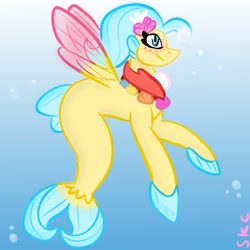 Size: 350x350 | Tagged: safe, artist:sugarkittycat04, derpibooru import, princess skystar, seapony (g4), my little pony: the movie, bubble, dorsal fin, female, fin, fins, fish tail, flower, flower in hair, flowing mane, flowing tail, gradient background, jewelry, mare, necklace, ocean, pearl necklace, smiling, solo, swimming, tail, underwater, water