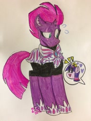 Size: 2448x3264 | Tagged: safe, artist:sugarkittycat04, derpibooru import, tempest shadow, twilight sparkle, twilight sparkle (alicorn), alicorn, pony, unicorn, armor, crown, eye scar, facial scar, female, jewelry, mare, offscreen character, regalia, royal guard, scar, solo focus, speech bubble, sweat, tempest becomes a royal guard, traditional art