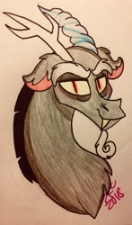 Size: 1918x3264 | Tagged: safe, artist:sugarkittycat04, derpibooru import, discord, draconequus, bust, facial hair, fangs, goatee, horns, looking at you, male, solo, traditional art