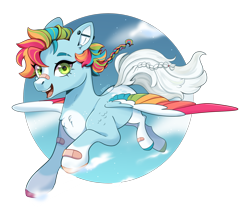 Size: 2500x2200 | Tagged: safe, artist:kraytt-05, derpibooru import, oc, oc only, oc:lucky charm, pegasus, pony, bandaid, colored wings, ear piercing, female, flying, freckles, mare, multicolored hair, multicolored wings, open mouth, open smile, piercing, rainbow hair, rainbow wings, simple background, smiling, solo, spread wings, transparent background, wings