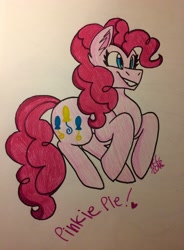 Size: 2408x3264 | Tagged: safe, artist:sugarkittycat04, derpibooru import, pinkie pie, earth pony, pony, cute, diapinkes, female, heart, jumping, mare, smiling, solo, traditional art