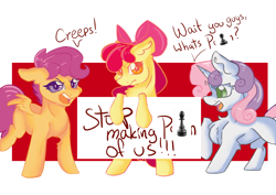 Size: 2480x1754 | Tagged: safe, artist:dankpegasista, derpibooru exclusive, derpibooru import, apple bloom, scootaloo, sweetie belle, earth pony, pegasus, pony, unicorn, angry, apple bloom is not amused, asking, bipedal, bow, chest fluff, colored, confused, curls, cutie mark crusaders, ear fluff, ears, female, filly, foal, full body, green eyes, hair bow, highlights, holding sign, horn, joke, kids, krita, lineart, looking at you, mouthpiece, orange eyes, orange fur, out of frame, passepartout, pawn, pink hair, png, purple eyes, raised hoof, raised leg, red background, scootaloo is not amused, side view, simple background, simple shading, small horn, small wings, spread wings, standing, text, three quarter view, trio, trio female, unamused, upset, white background, white fur, wings, yellow fur