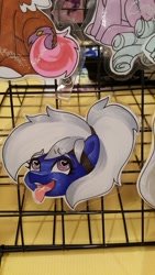 Size: 1152x2048 | Tagged: safe, artist:inkkeystudios, derpibooru import, oc, oc only, pony, :3, ahegao, badge, bust, female, heart, heart eyes, open mouth, open smile, photo, portrait, smiling, solo, solo female, tongue, tongue out, traditional art, wingding eyes