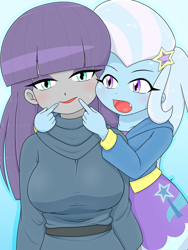 Size: 1668x2224 | Tagged: safe, artist:batipin, derpibooru import, maud pie, trixie, equestria girls, breasts, forced smile, maud pies, open mouth, simple background, smiling, when she smiles