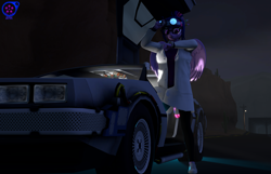 Size: 3360x2160 | Tagged: safe, artist:rainsstudio, derpibooru import, sci-twi, twilight sparkle, alicorn, anthro, plantigrade anthro, 3d, back to the future, car, clothes, delorean, female, folded wings, glasses, glowing, glowing eyes, goggles, goggles on head, lab coat, nexgen, night, open mouth, pants, scitwilicorn, shirt, shoes, solo, source filmmaker, watch, wings