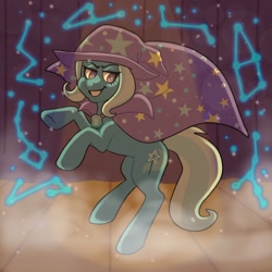 Size: 1440x1440 | Tagged: safe, artist:eadekki, derpibooru import, trixie, pony, unicorn, cape, clothes, constellation, grin, hat, rearing, smiling, solo, stage, trixie's cape, trixie's hat