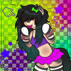 Size: 1080x1080 | Tagged: safe, artist:eadekki, derpibooru import, oc, oc only, anthro, :p, abstract background, arm hooves, arm warmers, bow, camisole, clothes, ear piercing, female, hair bow, hair over eyes, kandi, lip piercing, midriff, miniskirt, piercing, rave, skirt, socks, solo, striped socks, thigh highs, tongue, tongue out