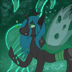 Size: 2048x2048 | Tagged: safe, artist:candy breeze, derpibooru import, queen chrysalis, changeling, crown, female, hive, horn, jewelry, looking forward, mare, raised hoof, raised leg, regalia, simple background, smiling, wings