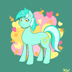 Size: 1024x1024 | Tagged: safe, artist:koa, derpibooru import, lyra heartstrings, pony, unicorn, abstract background, green background, heart, simple background, solo