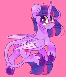 Size: 1762x2048 | Tagged: safe, artist:cocopudu, derpibooru import, twilight sparkle, twilight sparkle (alicorn), alicorn, pony, glasses, pink background, simple background, solo