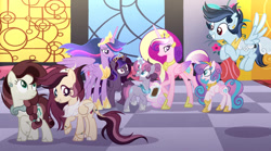 Size: 1198x667 | Tagged: safe, artist:angellight_bases, artist:dustyygrey, artist:pegasski, derpibooru import, princess cadance, princess flurry heart, twilight sparkle, twilight sparkle (alicorn), oc, oc:obsidian sparkle, oc:pandora, oc:storm, oc:sucrose sparkle, oc:sweet melody, alicorn, earth pony, hybrid, pegasus, pony, unicorn, alicorn oc, base used, braid, clothes, colored wings, crown, dress, ear piercing, earring, earth pony oc, ethereal mane, female, gradient wings, grand galloping gala, heterochromia, hoof shoes, horn, hybrid oc, interspecies offspring, jewelry, magical lesbian spawn, mare, offspring, older, older flurry heart, older princess cadance, older twilight, parent:applejack, parent:coloratura, parent:discord, parent:fluttershy, parent:king sombra, parent:pinkie pie, parent:rainbow dash, parent:soarin', parent:twilight sparkle, parents:discoshy, parents:rarajack, parents:soarindash, parents:twibra, parents:twinkie, pegasus oc, peytral, piercing, regalia, stained glass, unicorn oc, wings