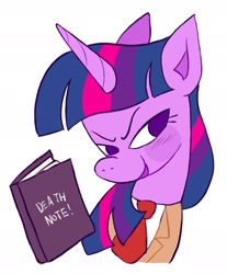 Size: 1609x1944 | Tagged: safe, artist:alexbeeza, derpibooru import, twilight sparkle, pony, unicorn, book, death note, simple background, solo, white background