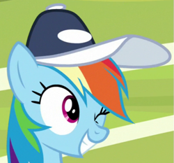 Size: 621x578 | Tagged: safe, derpibooru import, screencap, rainbow dash, pegasus, pony, 2 4 6 greaaat, cap, coach rainbow dash, hat, one eye closed, wink