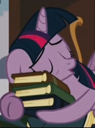 Size: 1080x1441 | Tagged: safe, derpibooru import, screencap, twilight sparkle, twilight sparkle (alicorn), alicorn, pony, princess spike (episode), book, book nest, cropped, female, mare, sleeping, solo