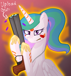 Size: 834x894 | Tagged: safe, artist:lindasaurie, derpibooru exclusive, derpibooru import, princess celestia, alicorn, pony, bust, clothes, derpibooru, face paint, gun, holding, looking at you, meta, ponytail, serious, serious face, shoes, solar empire, warrior, weapon