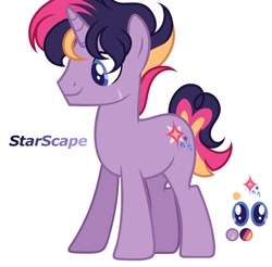 Size: 1664x1640 | Tagged: safe, artist:dustyygrey, artist:pegasski, derpibooru import, oc, oc only, oc:starscape, pony, unicorn, base used, cutie mark, horn, magical lesbian spawn, male, offspring, parent:pinkie pie, parent:twilight sparkle, parents:twinkie, reference sheet, scar, simple background, solo, stallion, unicorn oc, white background