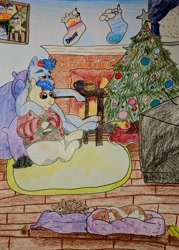 Size: 2804x3915 | Tagged: safe, artist:onyxdr, derpibooru import, oc, oc only, oc:dawn chaser, oc:onyx, cat, dog, beanbag chair, chocolate, christmas, christmas tree, clothes, fire, fireplace, food, gay, holiday, hot chocolate, male, pets, photo, pillow, rug, snow, stockings, sweater, television, thigh highs, traditional art, tree