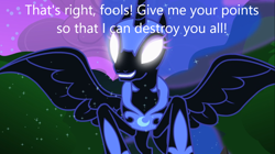 Size: 1280x719 | Tagged: safe, derpibooru import, screencap, nightmare moon, alicorn, pony, caption, derpibooru, image macro, meta, solo, text