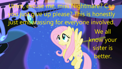 Size: 1280x720 | Tagged: safe, derpibooru import, edit, edited screencap, screencap, fluttershy, nightmare moon, alicorn, pegasus, pony, friendship is magic, caption, derpibooru, image macro, meta, mouthpiece, slander, text