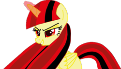 Size: 661x377 | Tagged: safe, artist:ncolque, derpibooru import, oc, oc:princess darkfall, alicorn, pony, evil counterpart, evil grin, grin, red eyes, red magic, smiling