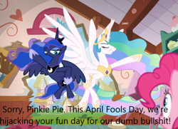 Size: 981x712 | Tagged: safe, derpibooru import, screencap, pinkie pie, princess celestia, princess luna, alicorn, earth pony, pony, caption, derpibooru, image macro, meta, text