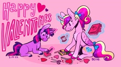 Size: 1447x812 | Tagged: safe, artist:beyhr, derpibooru import, princess cadance, twilight sparkle, alicorn, pony, unicorn, happy valentines day