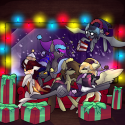 Size: 3000x3000 | Tagged: safe, artist:minty--fresh, derpibooru import, oc, oc:biepbot, oc:mimicry, oc:orange cream, oc:platinum wing, oc:static spark, bat pony, changeling, pegasus, pony, bat pony oc, christmas, christmas lights, food, goggles, goggles on head, group photo, hat, holiday, pegasus oc, popcorn, present, purple changeling, santa hat, snow, sofa, tongue, tongue out, waspling, window, yawn