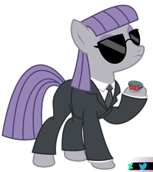 Size: 5500x6197 | Tagged: safe, artist:kuren247, derpibooru import, boulder (pet), maud pie, earth pony, pony, bowtie, clothes, female, holding, mare, necktie, pet rock, rock, show accurate, simple background, solo, suit, sunglasses, transparent background